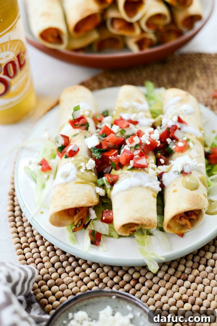 Zesty Air Fryer Salsa Chicken Taquitos 16 Final plated serving of Air Fryer Salsa Chicken Taquitos with an inviting spread