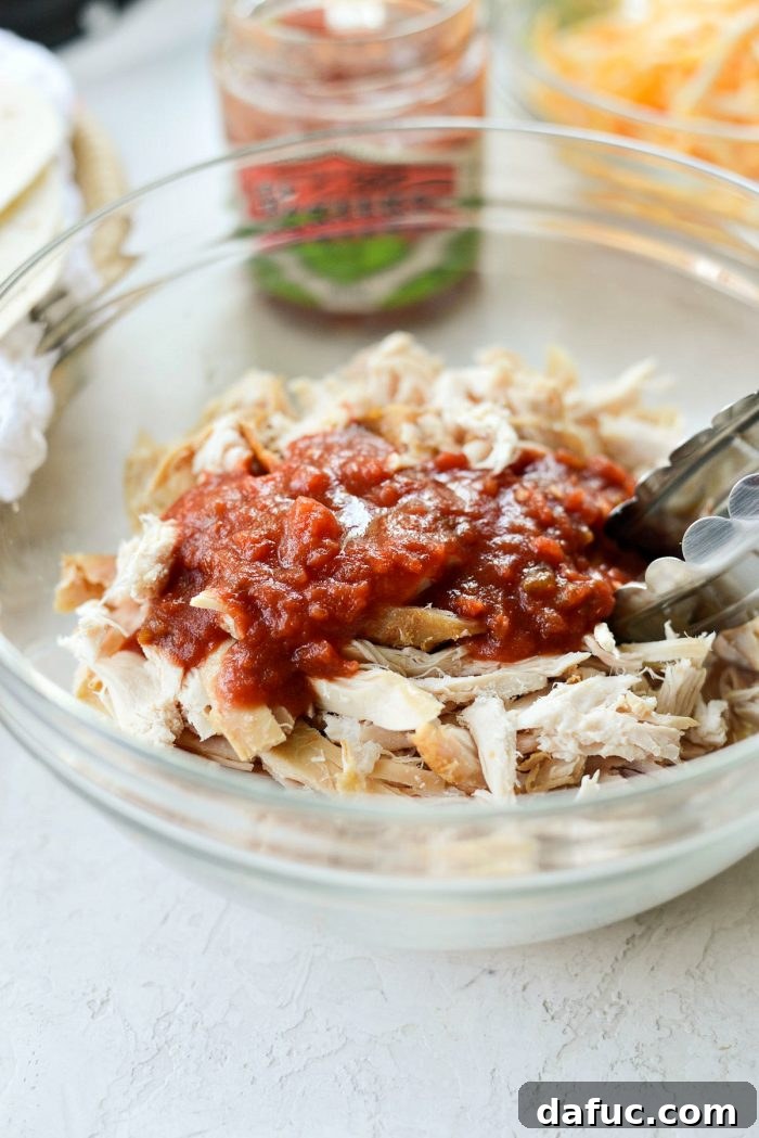 Zesty Air Fryer Salsa Chicken Taquitos 5 Ingredients for Air Fryer Salsa Chicken Taquitos laid out on a kitchen counter