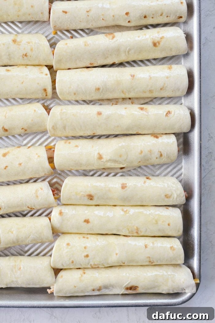 Zesty Air Fryer Salsa Chicken Taquitos 10 Rolled taquitos arranged on a baking sheet before air frying