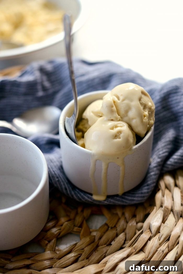 Golden Brown Butter Indulgence 29 Final close-up of Brown Butter Ice Cream in a bowl with a spoon.