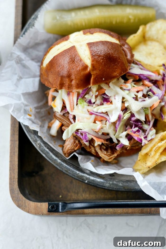 Final presentation of Slow Cooker Pulled Pork Sandwiches