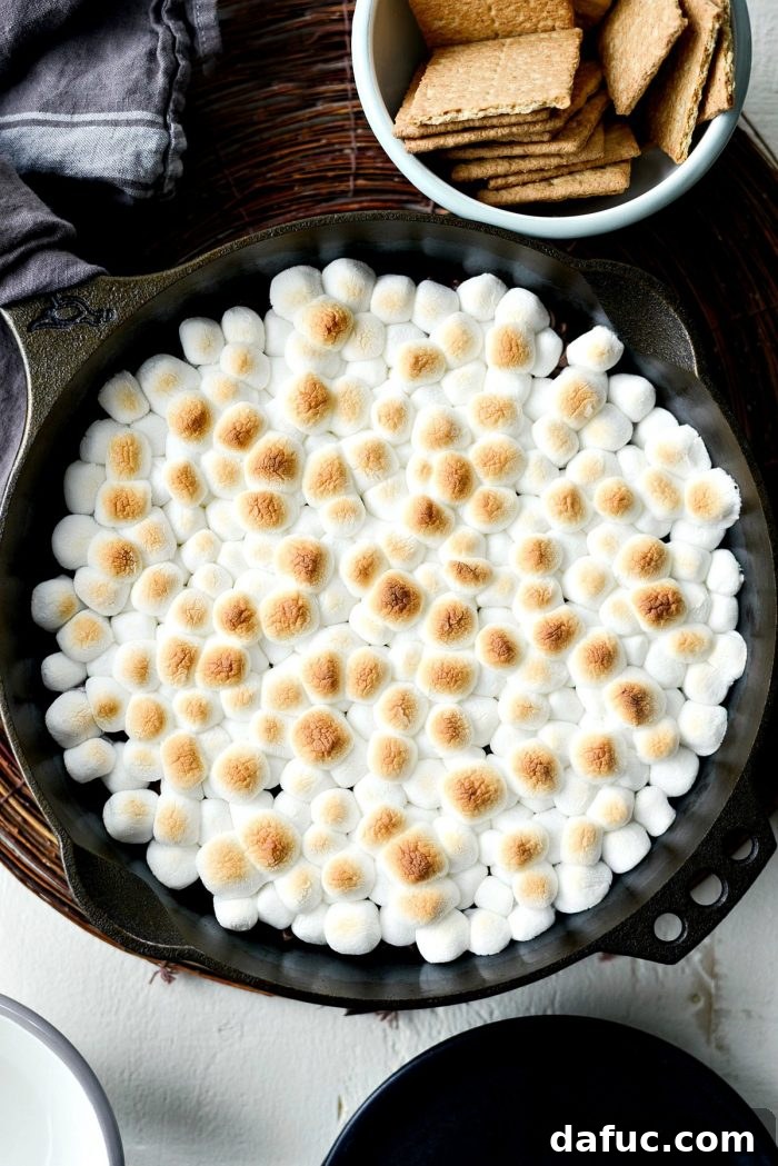 Gooey Campfire Skillet Dessert 2 Golden brown marshmallows and melted chocolate in a cast iron skillet, ready to be dipped into with graham crackers.