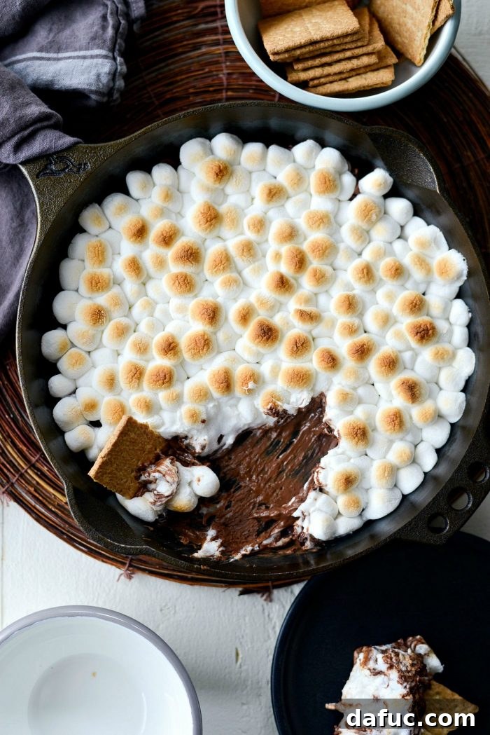 Gooey Campfire Skillet Dessert 11 A serving of Skillet S'mores Dip with graham crackers, milk, and an inviting, warm glow.