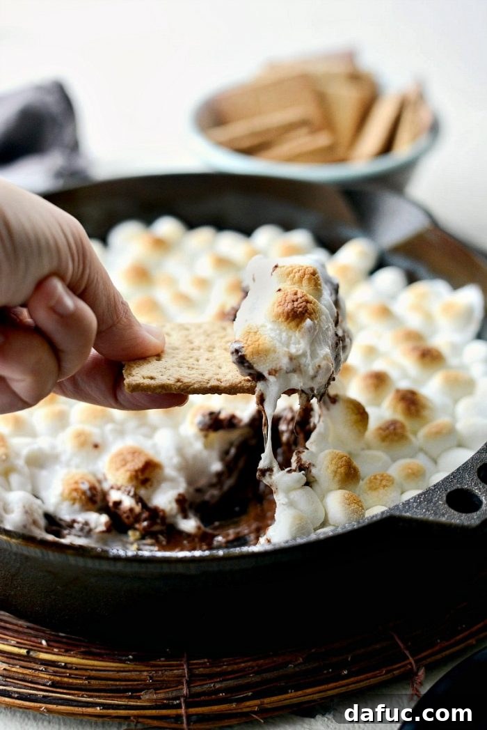 Gooey Campfire Skillet Dessert 3 A close-up of a bubbling Skillet S'mores Dip with golden brown marshmallows and melted chocolate.