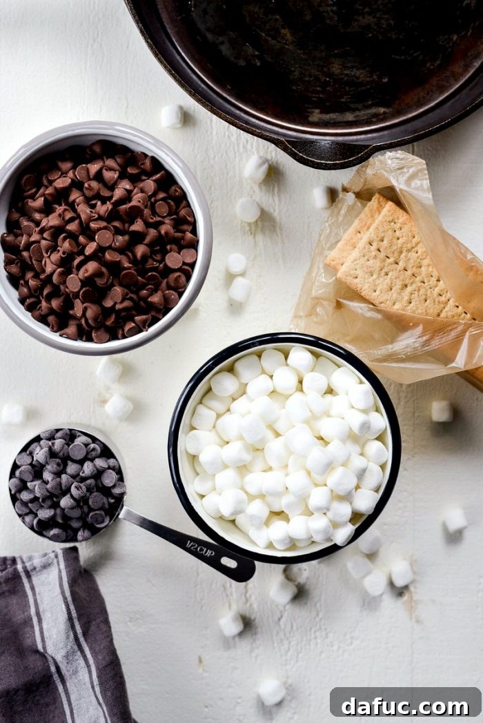 Gooey Campfire Skillet Dessert 4 A beautifully arranged cast iron skillet s'mores dip, garnished with extra marshmallows and graham crackers on the side.