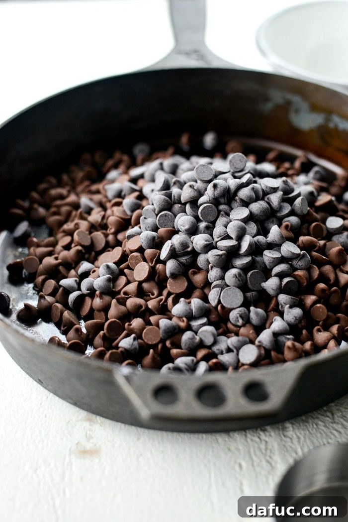 Gooey Campfire Skillet Dessert 5 All the ingredients for Skillet S'mores Dip laid out: butter, chocolate chips, mini marshmallows, and graham crackers.