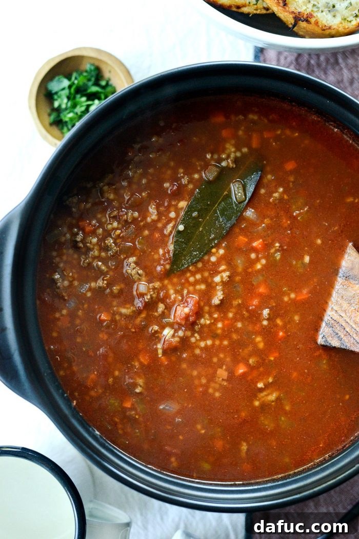 A close-up of the finished Beef Tomato Ancini de Pepe Soup in a Dutch oven, ready to be served, showcasing the tiny pasta and rich broth.