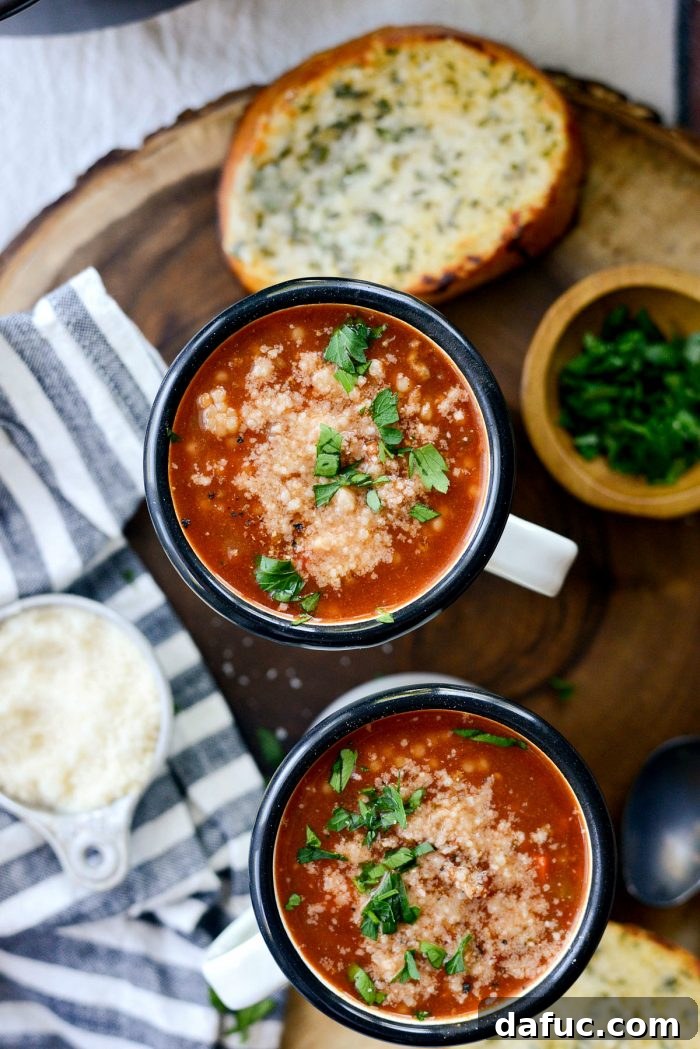 A beautifully composed flat lay of a bowl of Beef Tomato Ancini de Pepe Soup, with ingredients and cooking elements arranged around it, showcasing the meal.