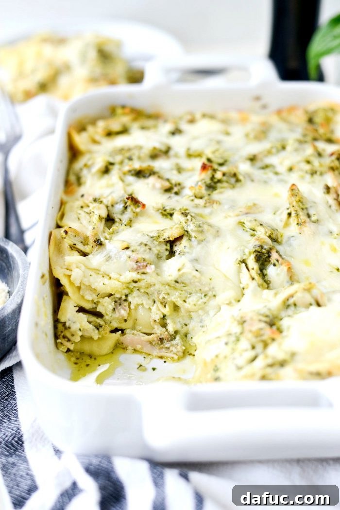 Pesto Chicken Ravioli Lasagna Bake 18 Another angle of the cooked Pesto Chicken Ravioli Lasagna, ready to enjoy