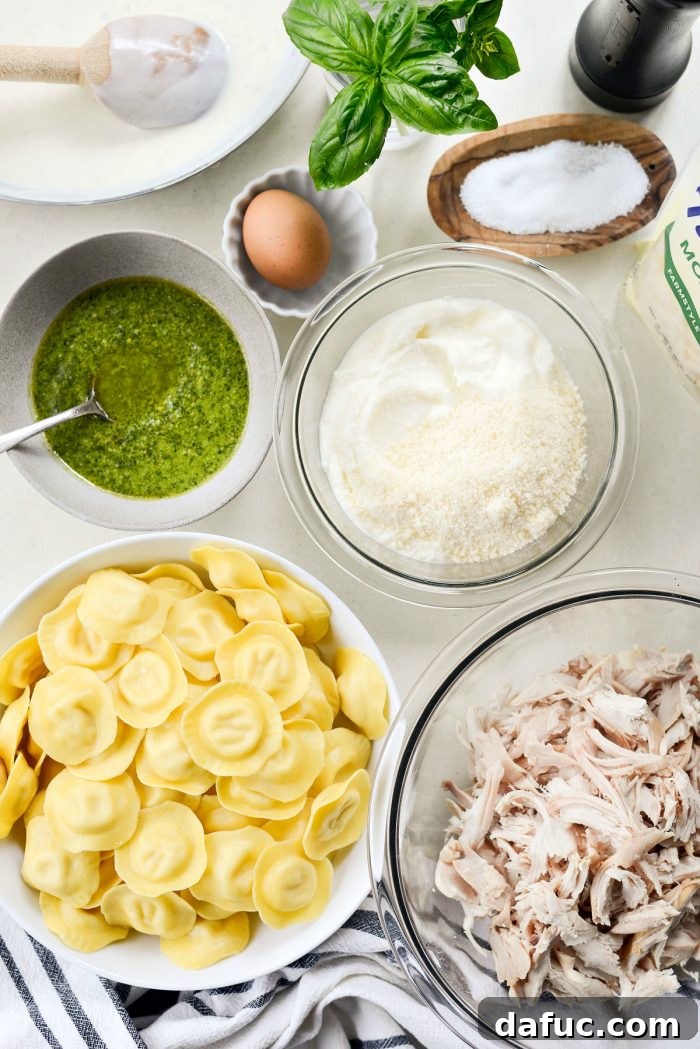 Pesto Chicken Ravioli Lasagna Bake 4 Close-up shot of the fresh ingredients for Pesto Chicken Ravioli Lasagna before assembly