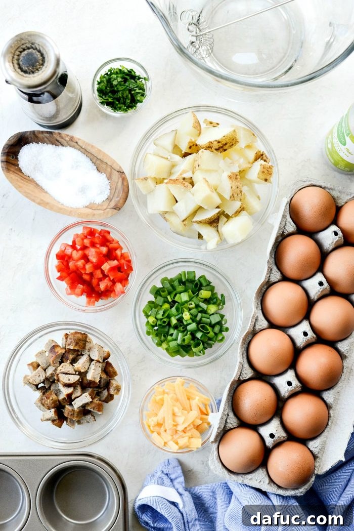Ingredients for Sausage Potato Mini Frittatas laid out on a kitchen counter