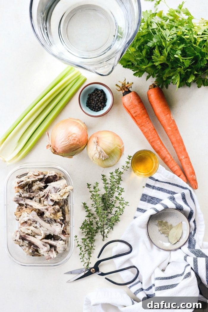 Low & Slow Chicken Broth 4 A diverse selection of herbs and spices for homemade chicken stock, including parsley, thyme, bay leaves, and peppercorns. #herbsandspices #stockingredients #flavorbuilders