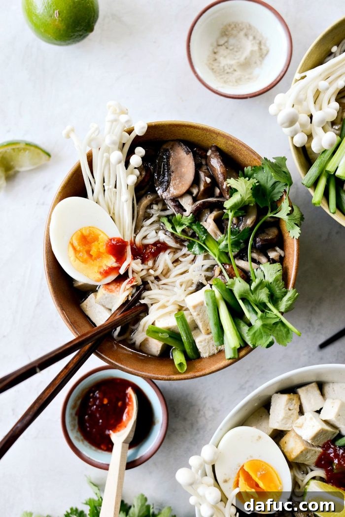 Savory Mushroom Ramen Bowls with Tofu and Soft-Boiled Egg - SimplyScratch.com Vegetarian Healthy Dinner Recipe