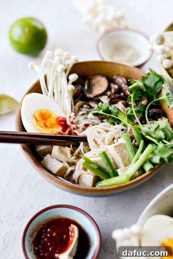 Close-up of Mushroom Ramen Bowl Ingredients - SimplyScratch.com Shiitake Cremini Tofu Ramen Recipe