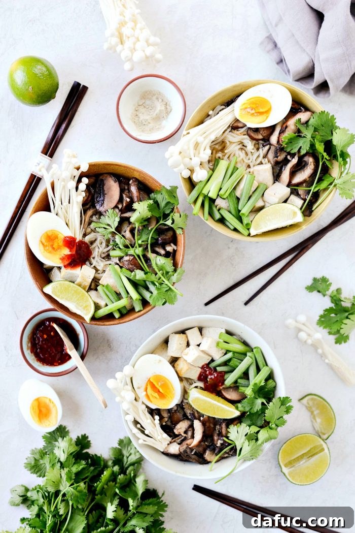 Beautifully Garnished Mushroom Ramen Bowls - SimplyScratch.com Meatless Monday Meal