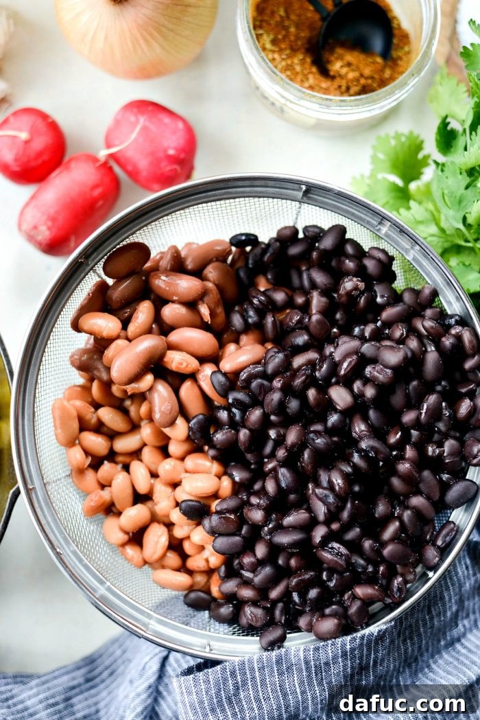 Drained and rinsed black, pink kidney, and pinto beans ready for chili