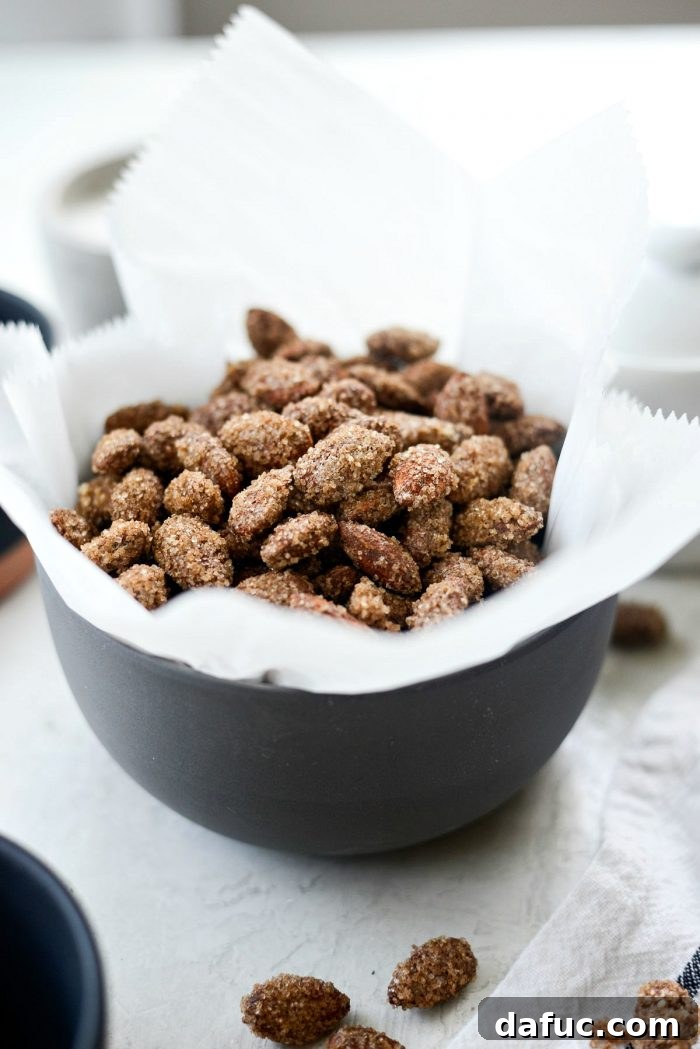 Irresistible Cinnamon Sugar Almonds 16 A bowl of freshly made cinnamon sugar almonds, perfectly golden and inviting, ready for any occasion.