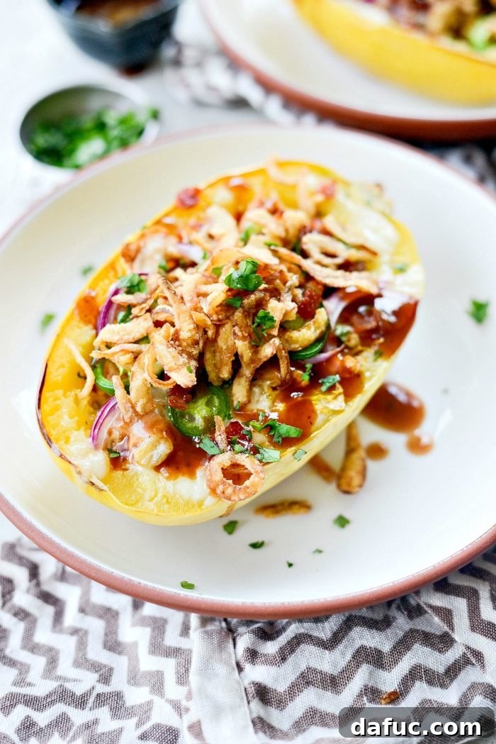A perfectly portioned Chicken Bacon Jalapeño Spaghetti Squash, emphasizing its hearty and satisfying nature as a main course.