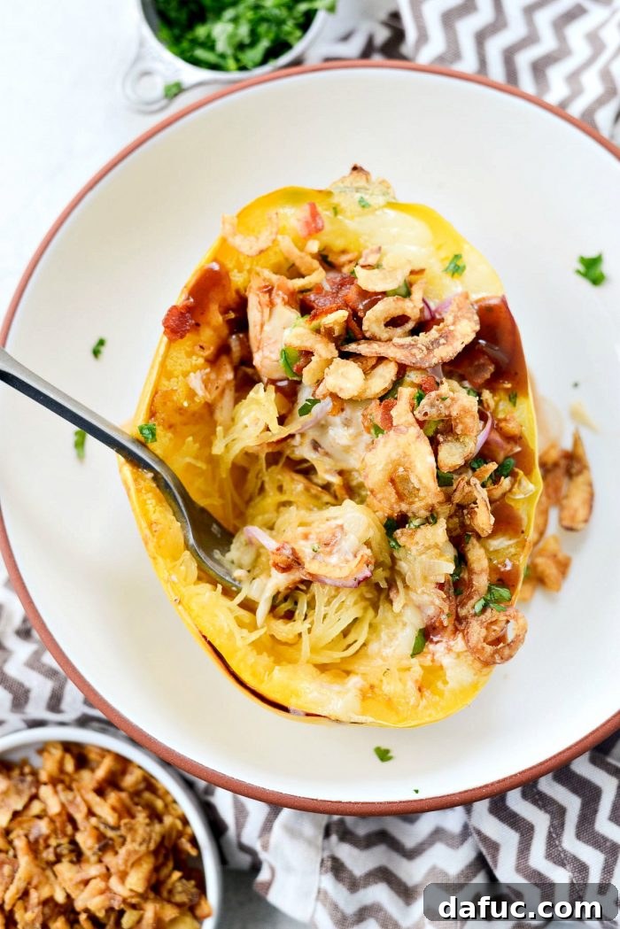 Chicken Bacon Jalapeño Spaghetti Squash, beautifully presented for a food blog, highlighting its appeal as a healthy chicken dinner.