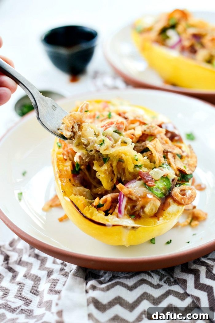 Final plated Chicken Bacon Jalapeño Spaghetti Squash, showcasing the full dish with garnish, ready to enjoy as a delicious and healthy meal.