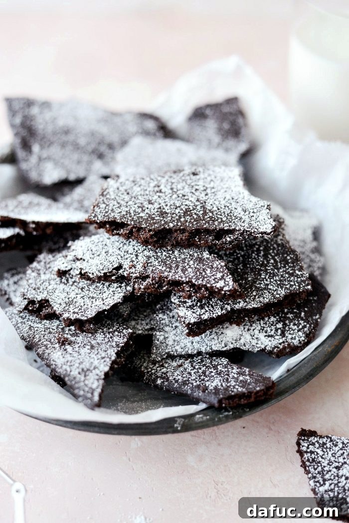 Gourmet Brownie Crisps 14 Stack of homemade brownie brittle wafers dusted with powdered sugar