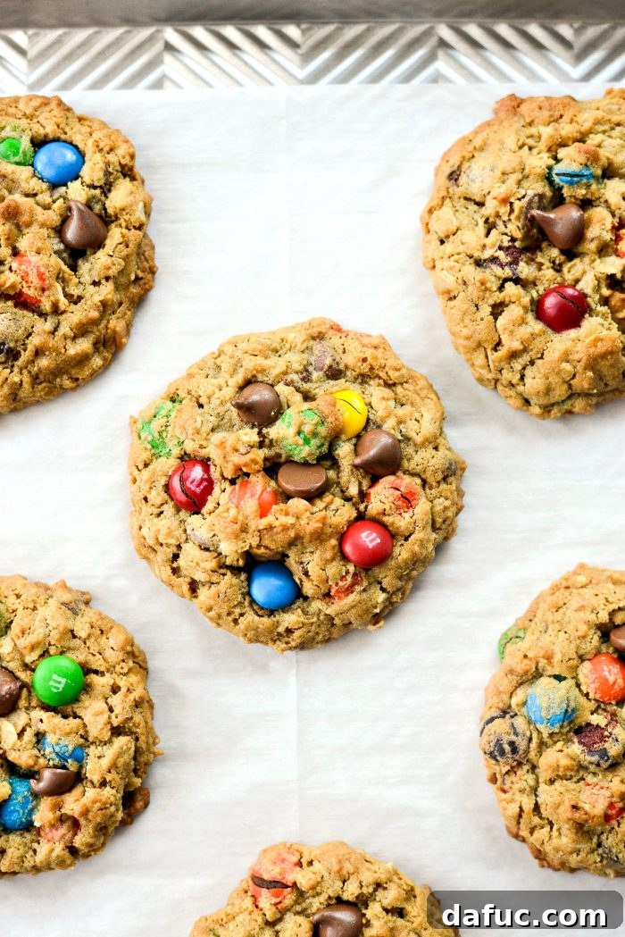 Freshly baked Monster Cookies on a baking sheet, golden and delicious