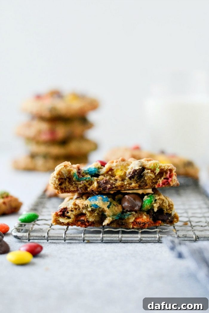 Freshly baked Monster Cookies with visible M&Ms and chocolate chips