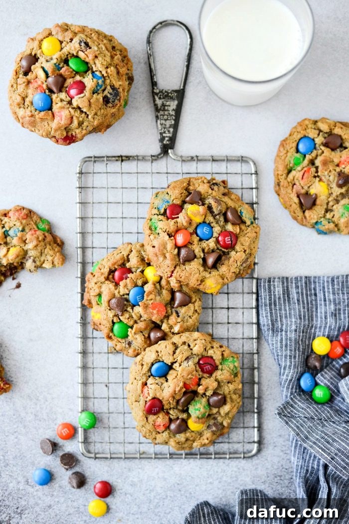 A final close-up of a Monster Cookie, showcasing its vibrant M&Ms and rich texture