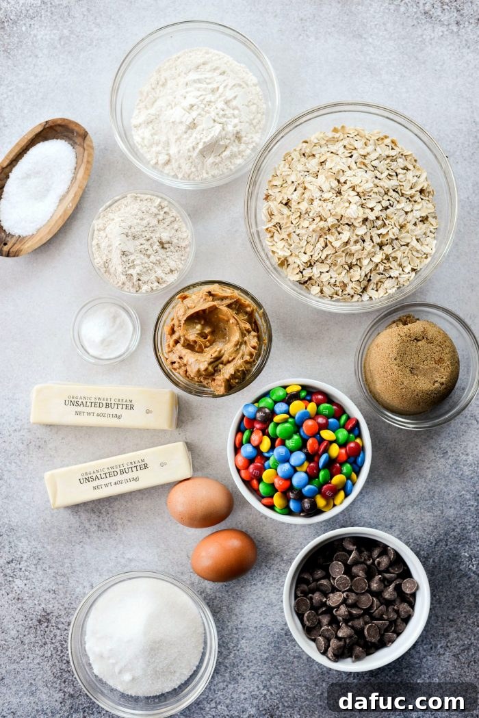 A selection of dry ingredients for Monster Cookies displayed in bowls