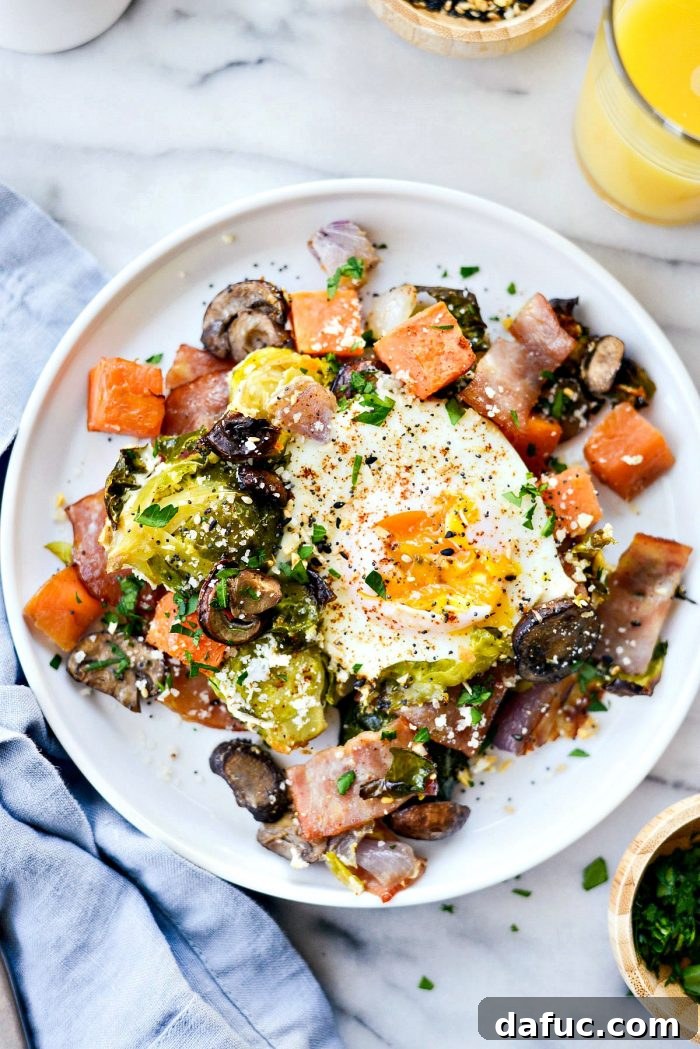 Sheet Pan Breakfast Hash recipe card image for social media sharing. SimplyScratch.com easy one-pan breakfast.