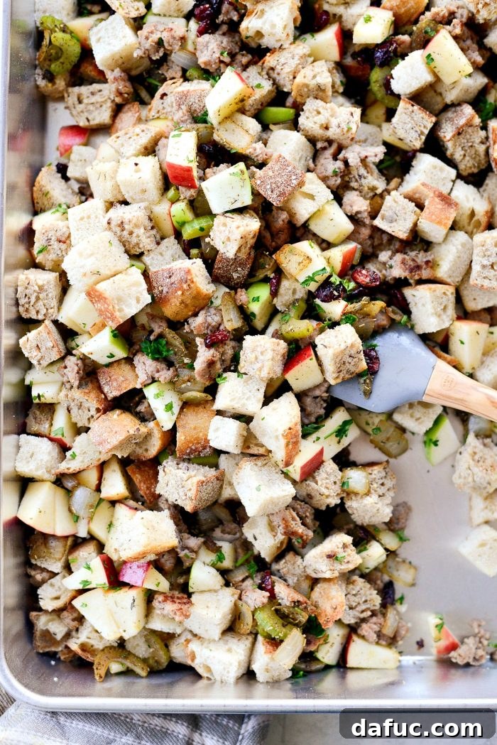 All stuffing ingredients mixed in a large pan before adding liquid.