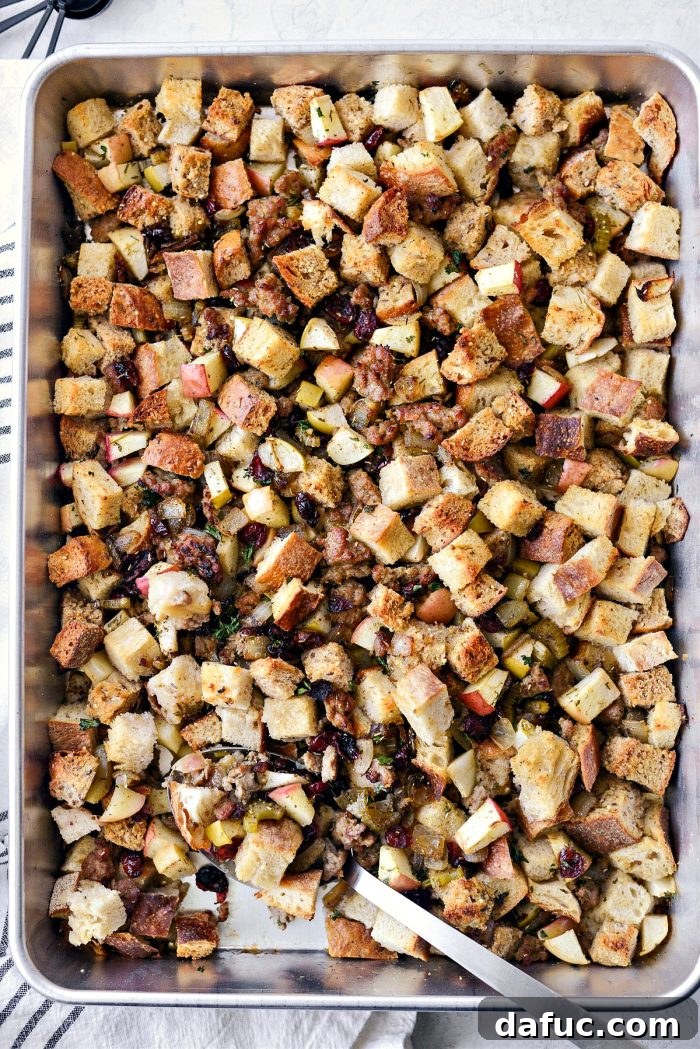 Baked Sausage Apple Cranberry Stuffing, golden brown and ready to serve.