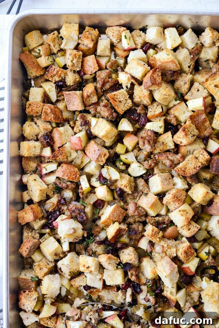 Close-up of the perfectly baked stuffing with a crispy top.