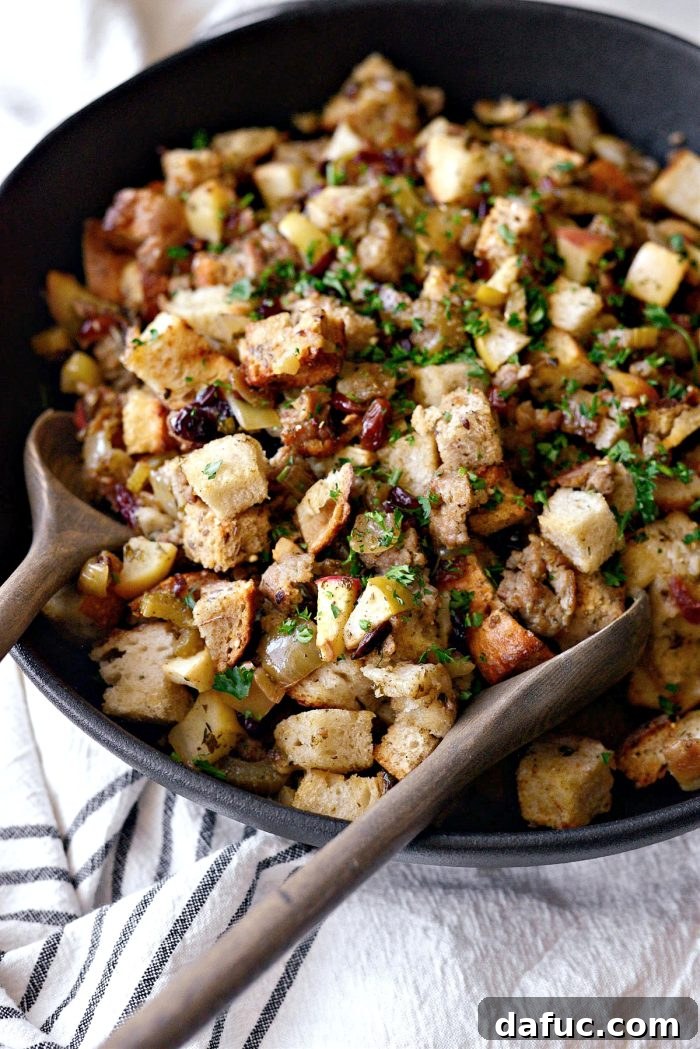 Overhead shot of the full Sausage Apple Cranberry Stuffing dish.
