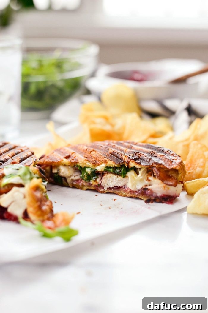 Golden Pressed Turkey Cranberry Croissant 11 A completed Turkey Cranberry Croissant Panini, cut in half and ready to be served, showcasing all the delicious layers.