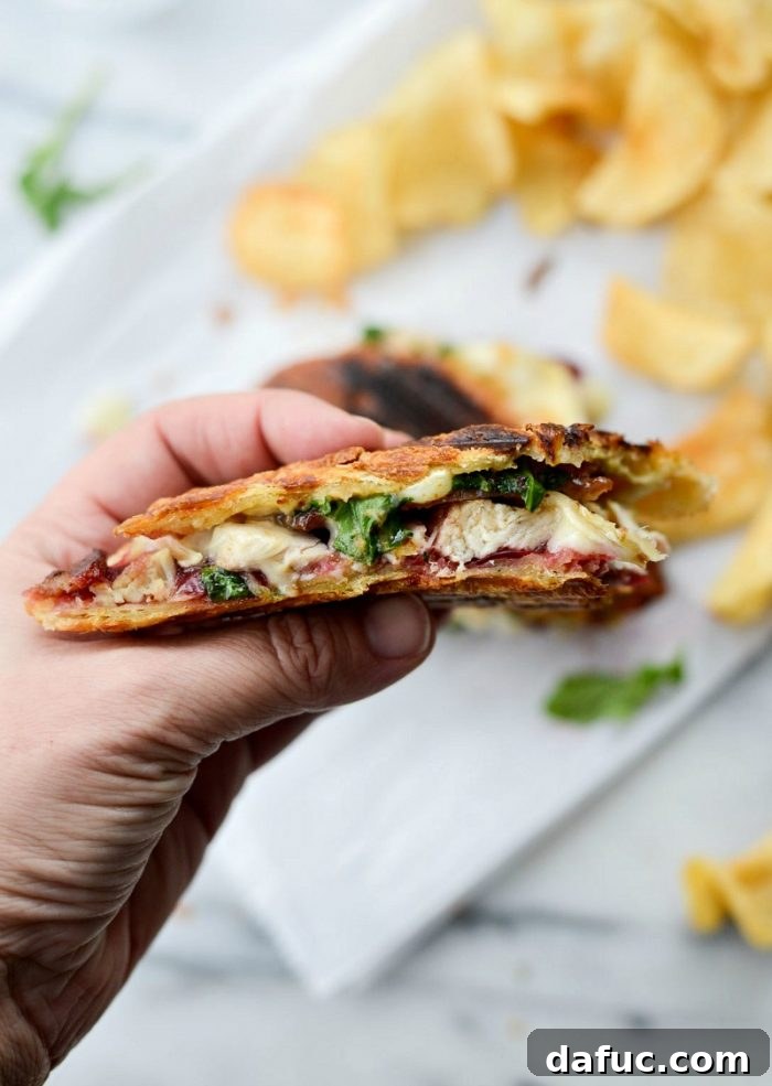 A beautifully arranged plate with two halves of the Turkey Cranberry Croissant Panini.