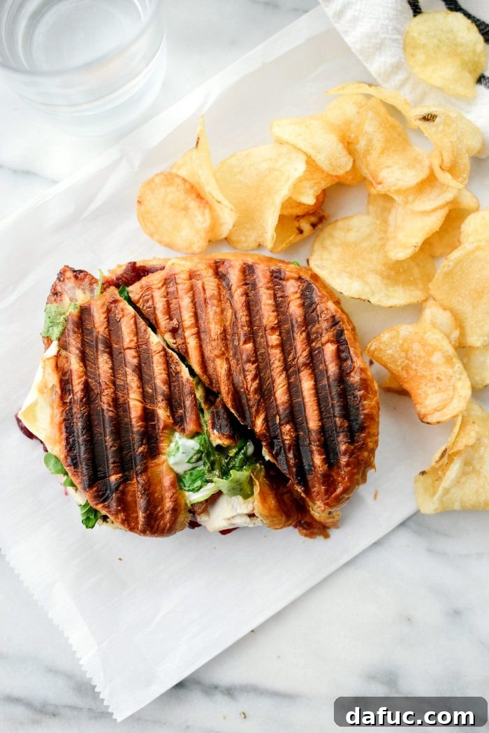 A freshly grilled Turkey Cranberry Croissant Panini, sliced in half to reveal the melted cheese and layered fillings.