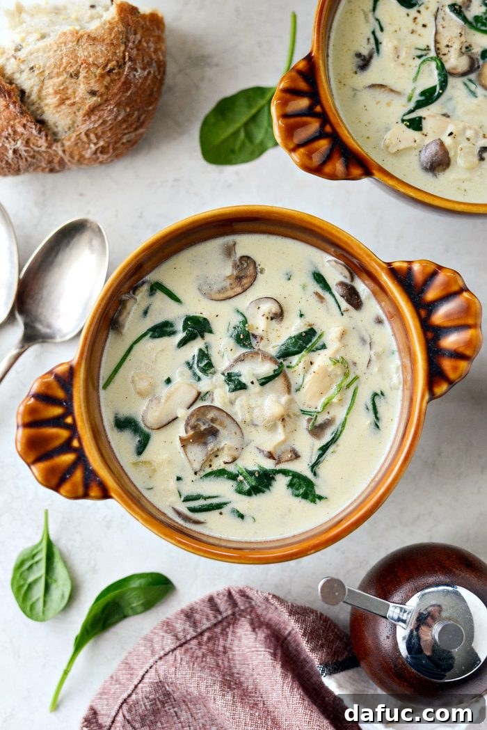 Creamy Chicken Forester Soup with mushrooms, spinach, and rice, served in a rustic bowl