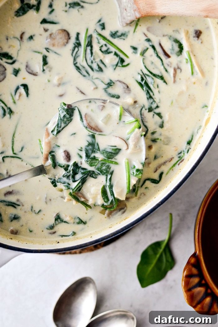 Ladle pouring a generous serving of hot, creamy Chicken Forester Soup into a bowl