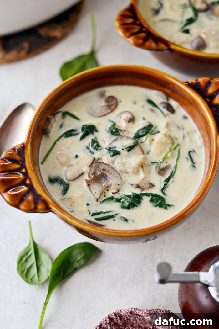 Bowls of Chicken Forester Soup ready to be served, accompanied by crusty bread