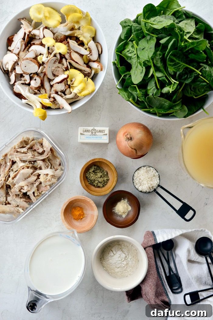 Ingredients for Chicken Forester Soup laid out, ready for preparation