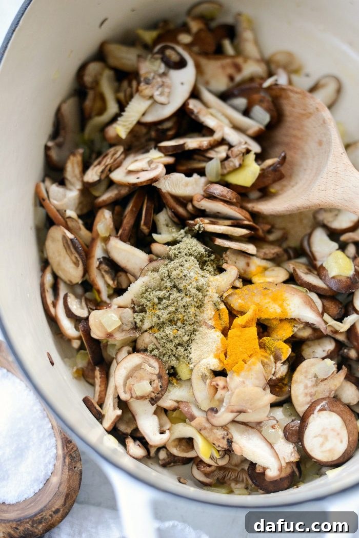 Mushrooms seasoned with rubbed sage, garlic powder, and turmeric for aromatic flavor