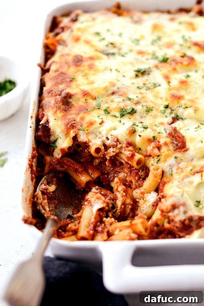 Golden brown, melted mozzarella on top of baked ziti