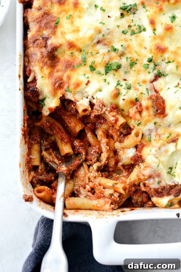 Close-up of a serving of Spicy Italian Sausage Baked Ziti