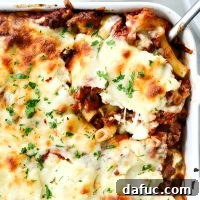 Spicy Italian Sausage Baked Ziti in a baking dish