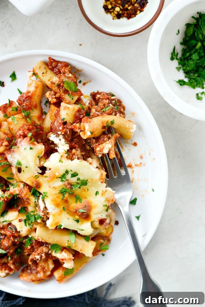Delicious baked ziti ready to be served