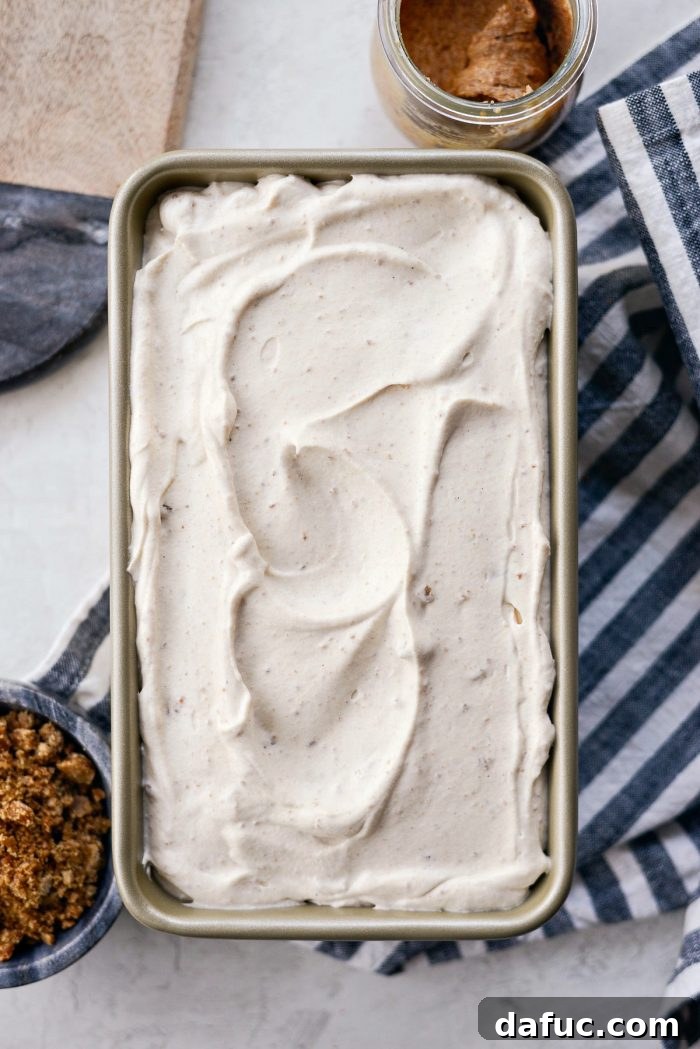 Creamy No-Churn Belgian Cookie Butter Delight 11 The No-Churn Belgium Cookie Butter Ice Cream mixture transferred to a loaf pan, ready for freezing