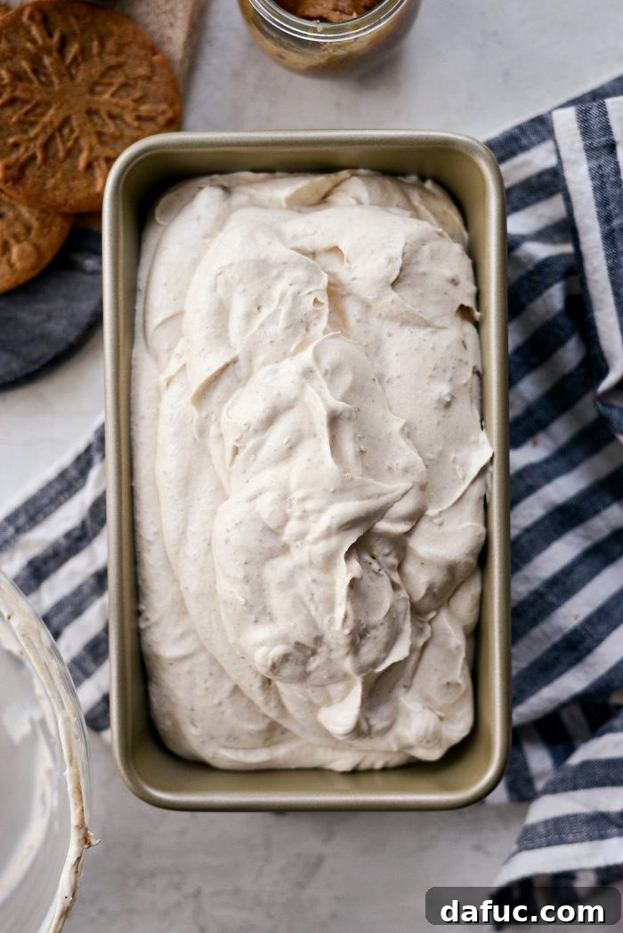 Creamy No-Churn Belgian Cookie Butter Delight 10 Gently folding the whipped cream into the cookie butter base for a creamy no-churn ice cream