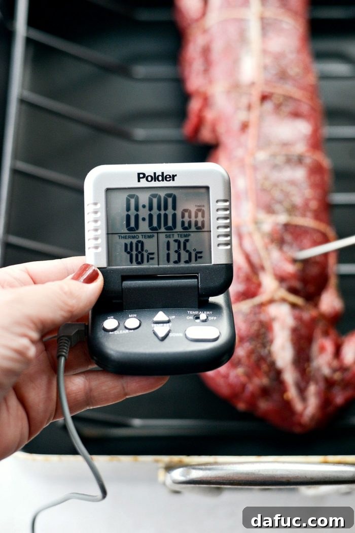 Peppercorn Crusted Beef Tenderloin 8 Programmable digital thermometer showing desired doneness settings for beef.