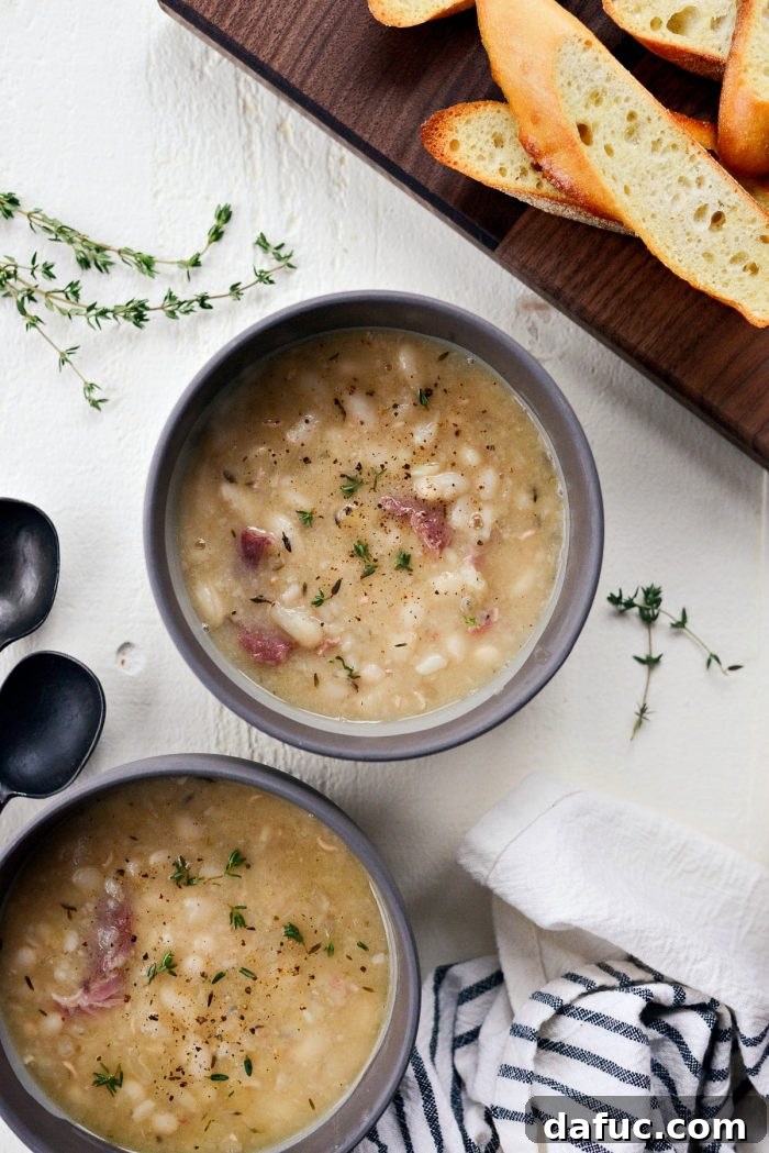 Hearty Ham and White Bean Soup 16 A ladle scooping hot, creamy White Bean and Ham Soup into a bowl.